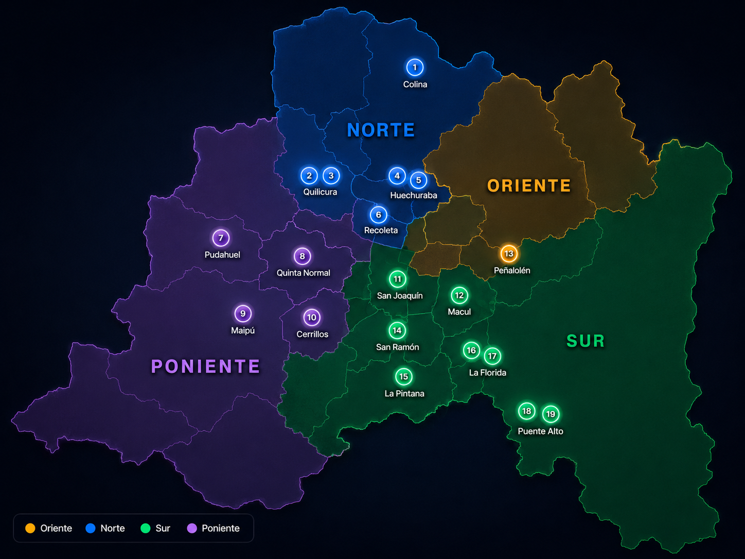 Mapa Región Metropolitana — 4 zonas y 19 plantas activas PRT MEDIA